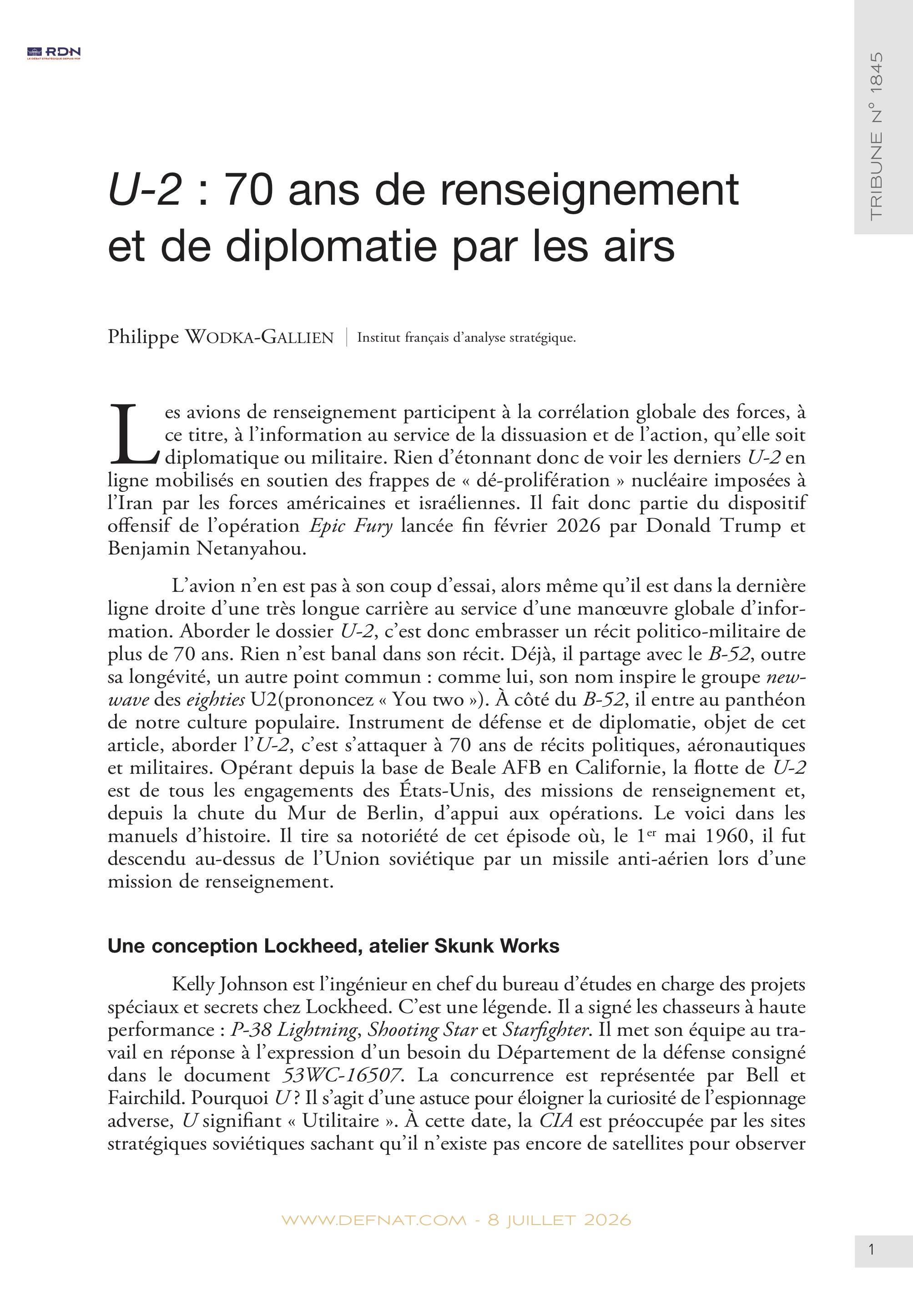 U-2&nbsp;: 70&nbsp;ans de&nbsp;renseignement et&nbsp;de&nbsp;diplomatie par&nbsp;les&nbsp;airs (T&nbsp;1845)
